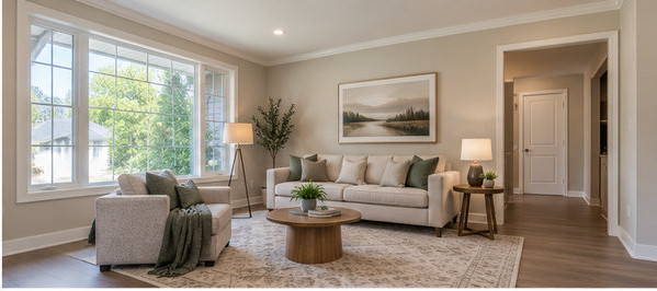 Living room furnished with a couch, rug, table and artwork after virtual staging